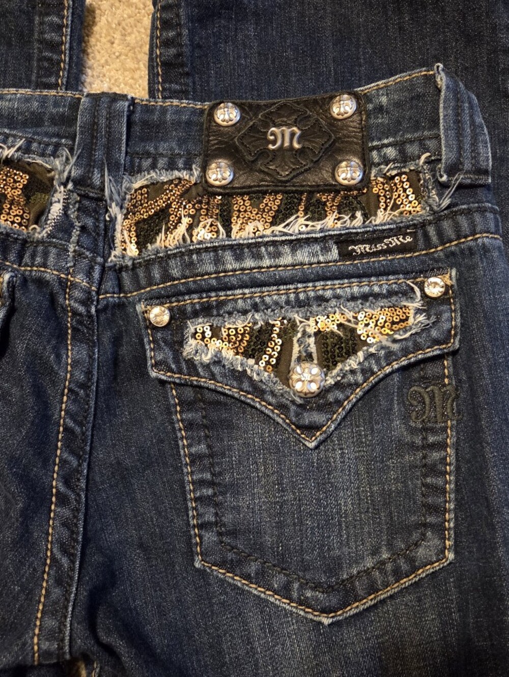 Miss Me Dark Blue Boot Cut Jeans with Embellished Animal-Print Pockets - Picture 6 of 6
